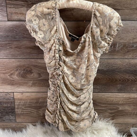 A.Byer Ladies Ruched Lace Ruffled Short Sleeves Top Blouse SZ Med Y2K - Picture 3 of 7